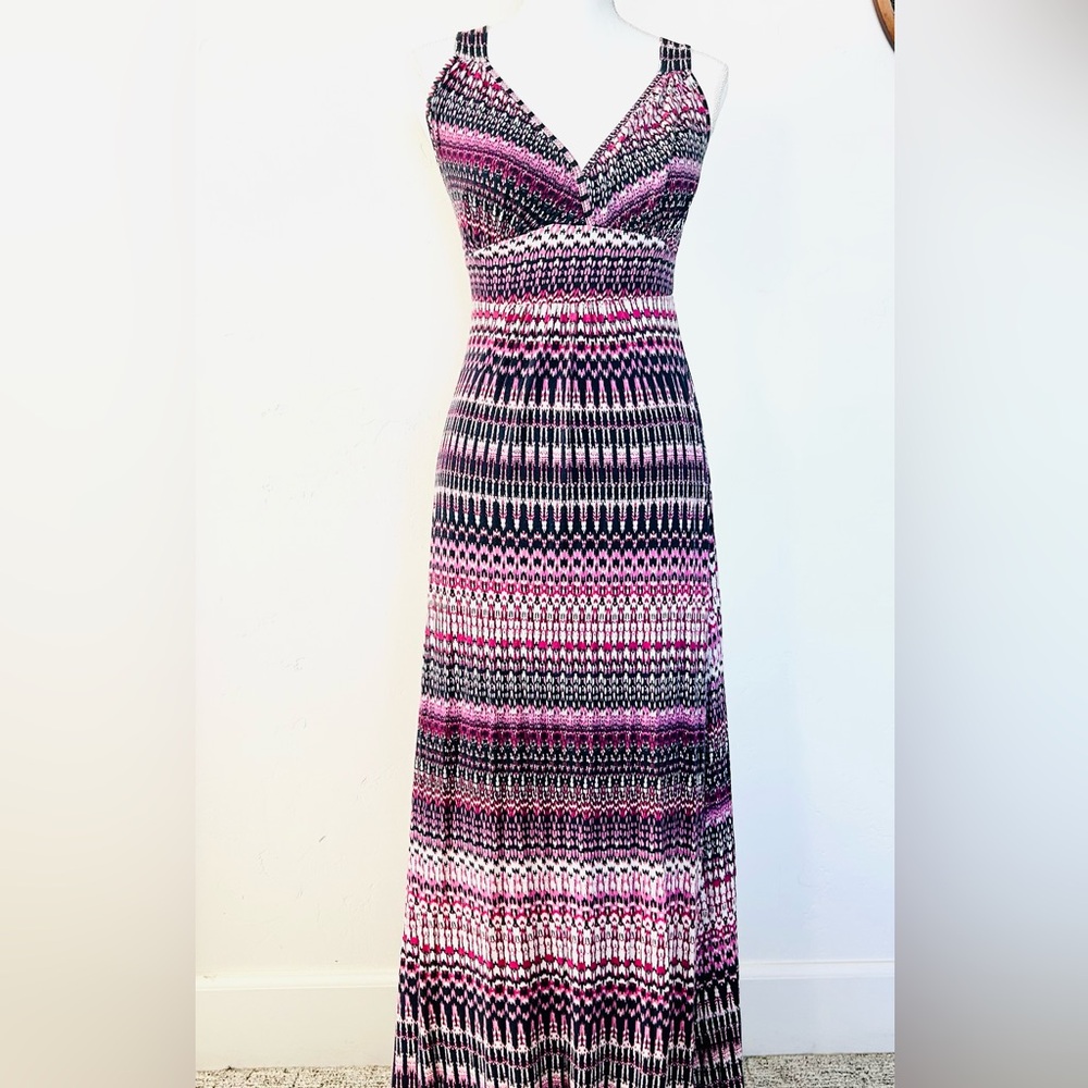 Loveappella Pink and Navy XSP Patterned Maxi Dress